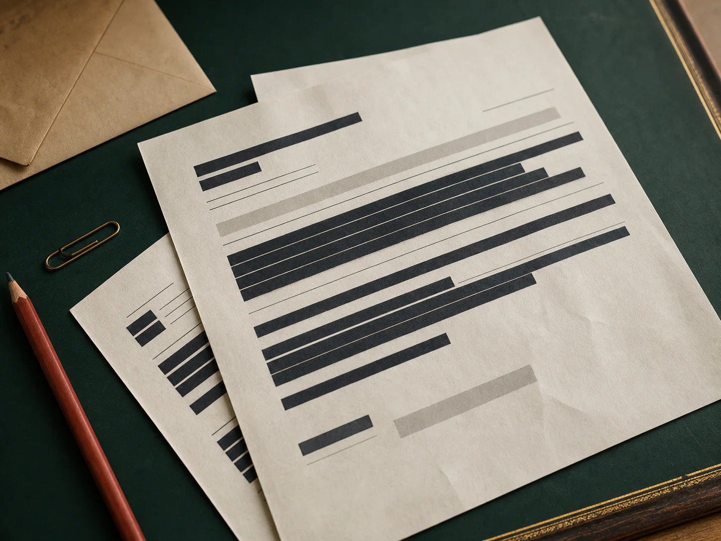 Cream documents with lines carefully covered by charcoal redaction marks on a green desk.