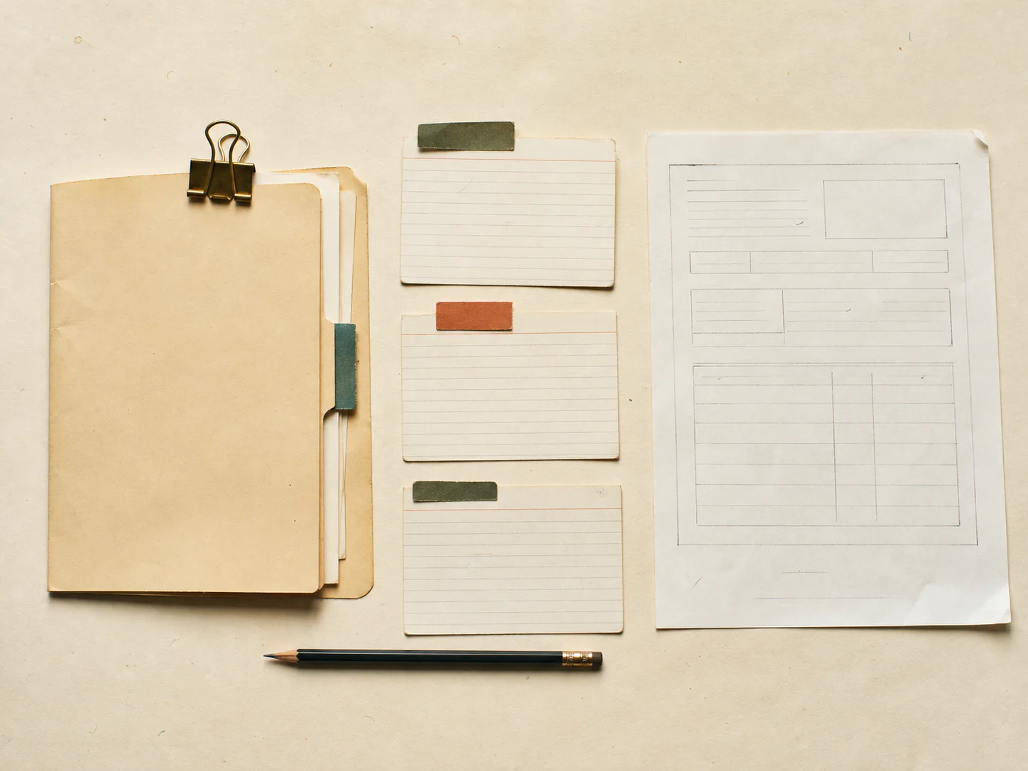 A manila folder, index cards, worksheet and pencil laid out as a simple workflow.