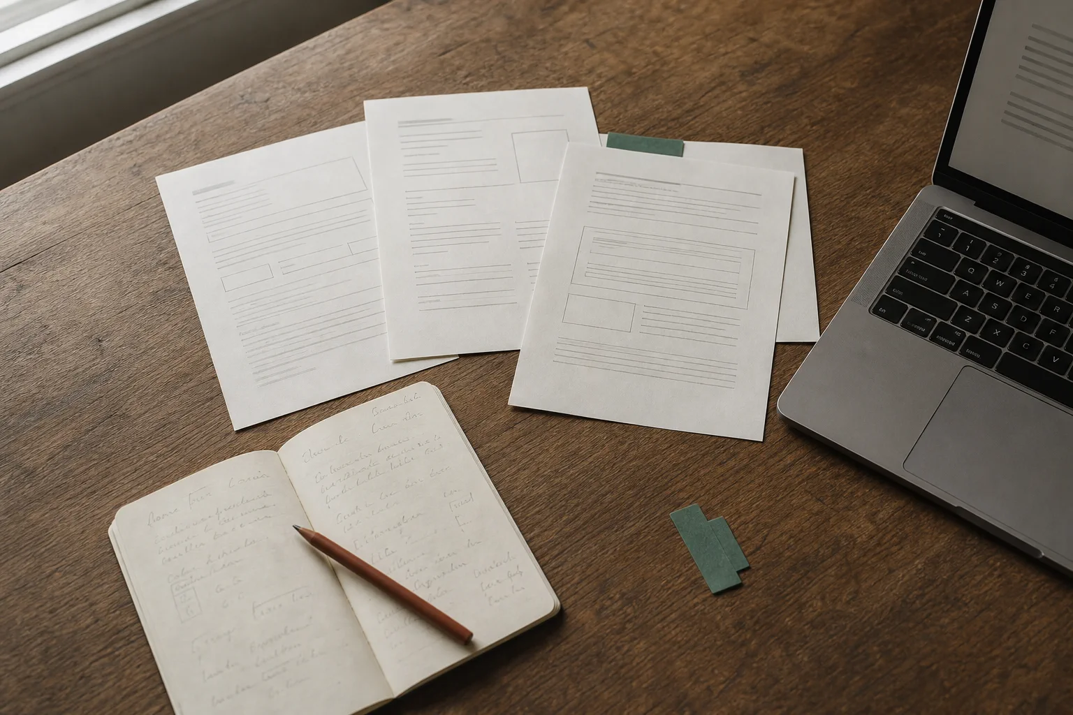 An open laptop, anonymized draft pages, a notebook and pencil arranged for a hands-on exercise.