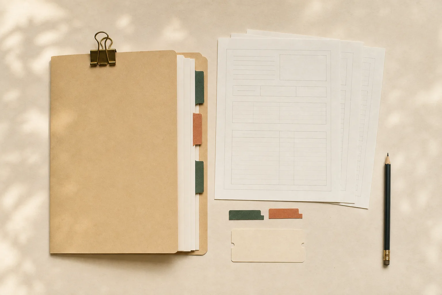 Four reusable worksheets, a tabbed kraft folder and a pencil arranged as a practical workflow kit.