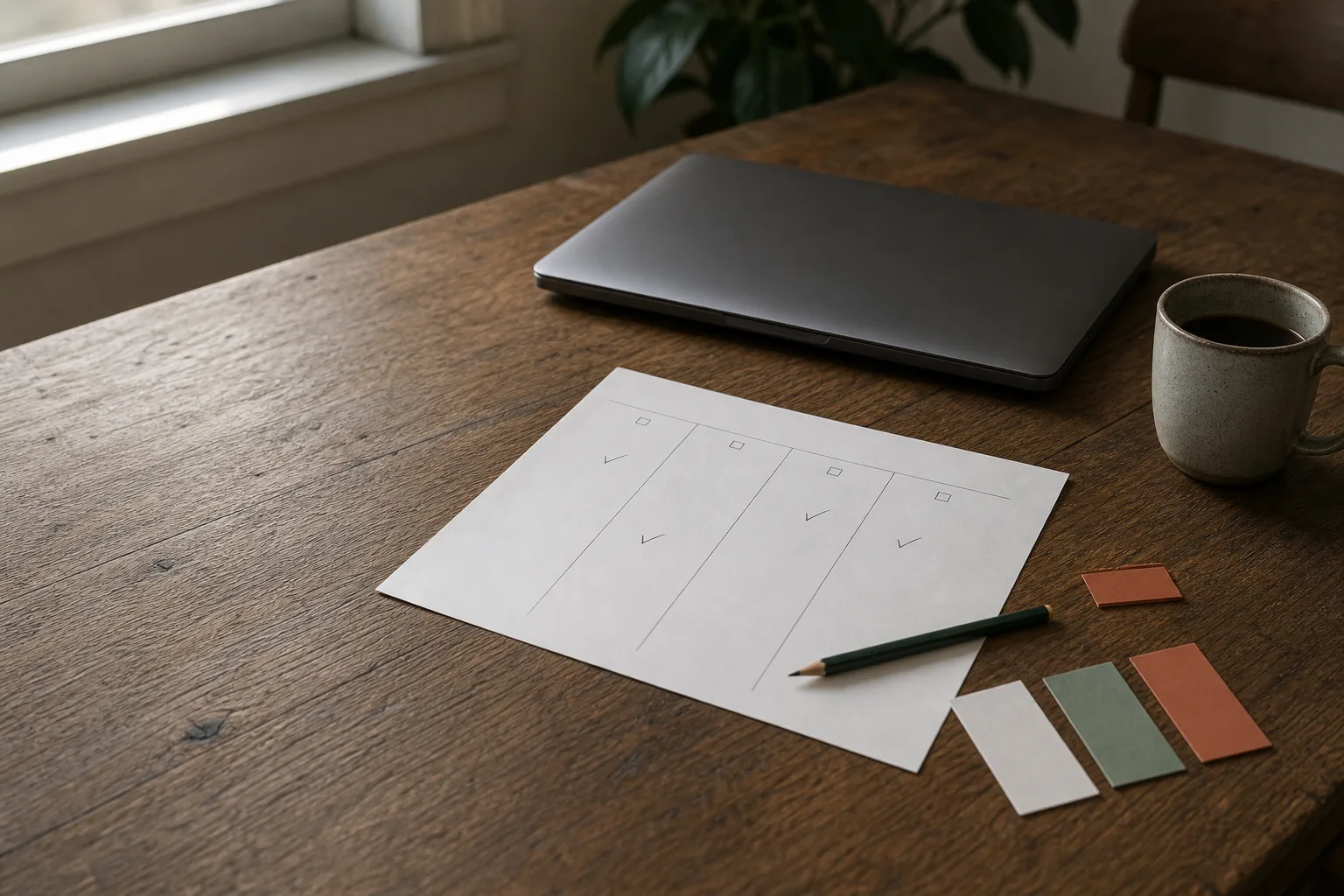 A simple comparison grid, closed laptop, sample cards, pencil and coffee on a wooden table.